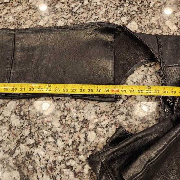 Unik Motorcycle Biker Chaps Black Leather Zipper&Snaps Size L Pinhole Pictured - Picture 6 of 8